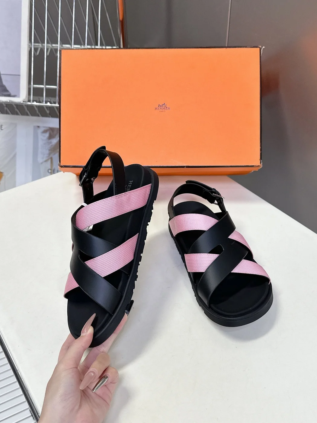 Hermès Women Black Pink Leather Strappy Sandals product view 5