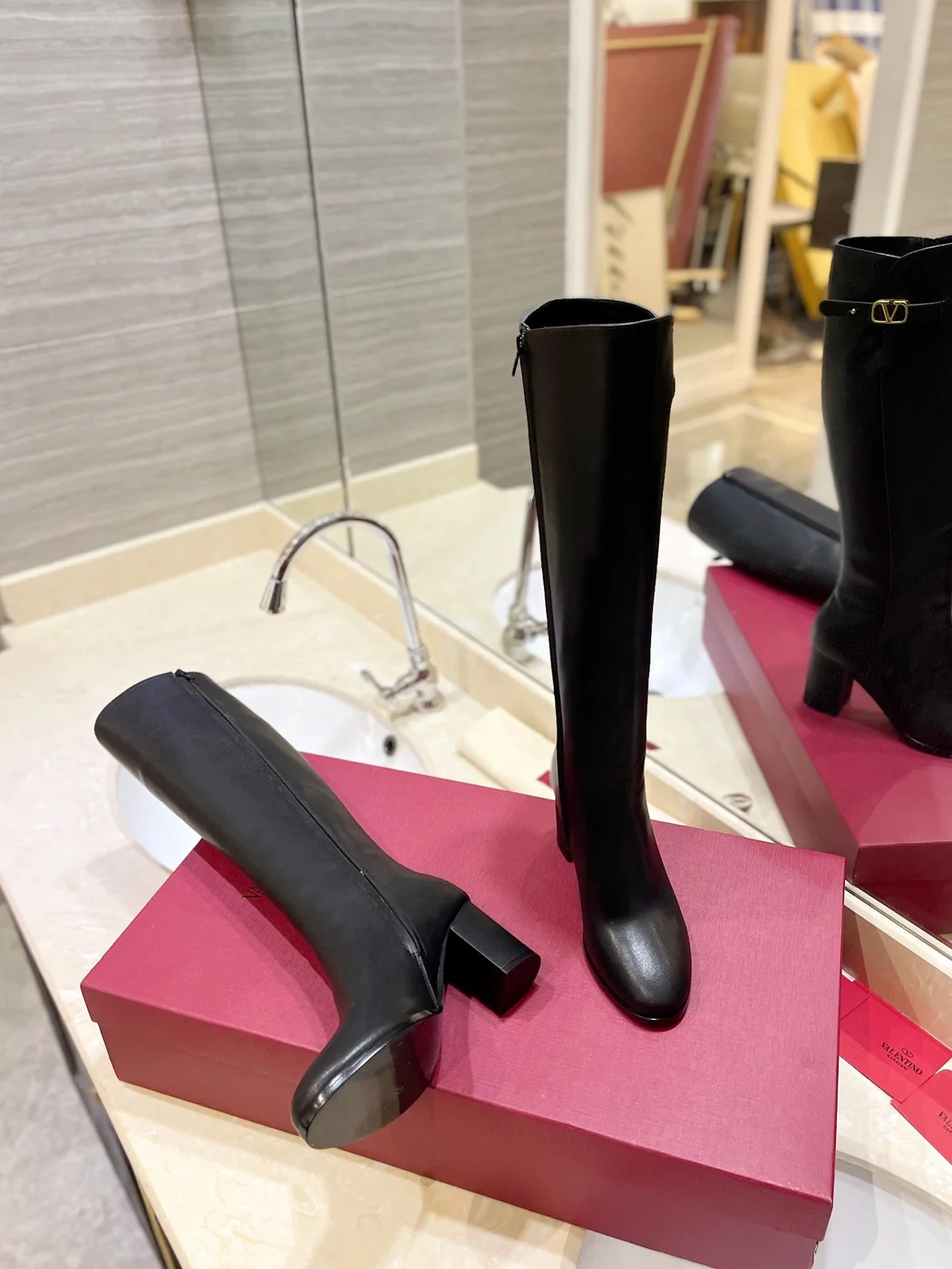 Valentino Women Black Leather Knee High Boots — Upper-Shaft Buckle Detail product view 5
