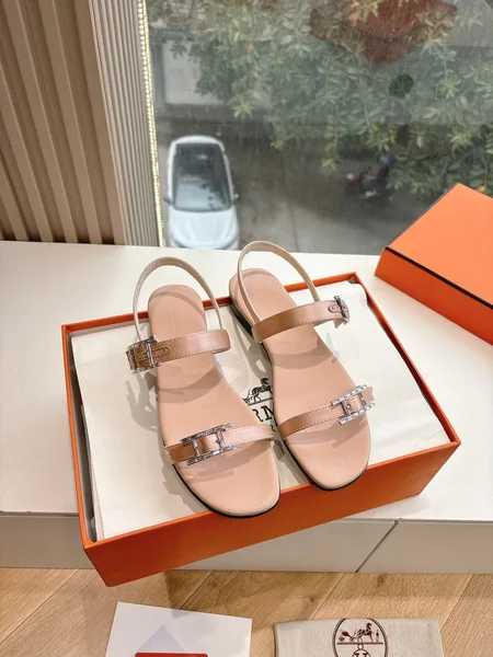 Hermès Women Beige Leather Strappy Sandals — Metal-Bar Strap Detail product photo