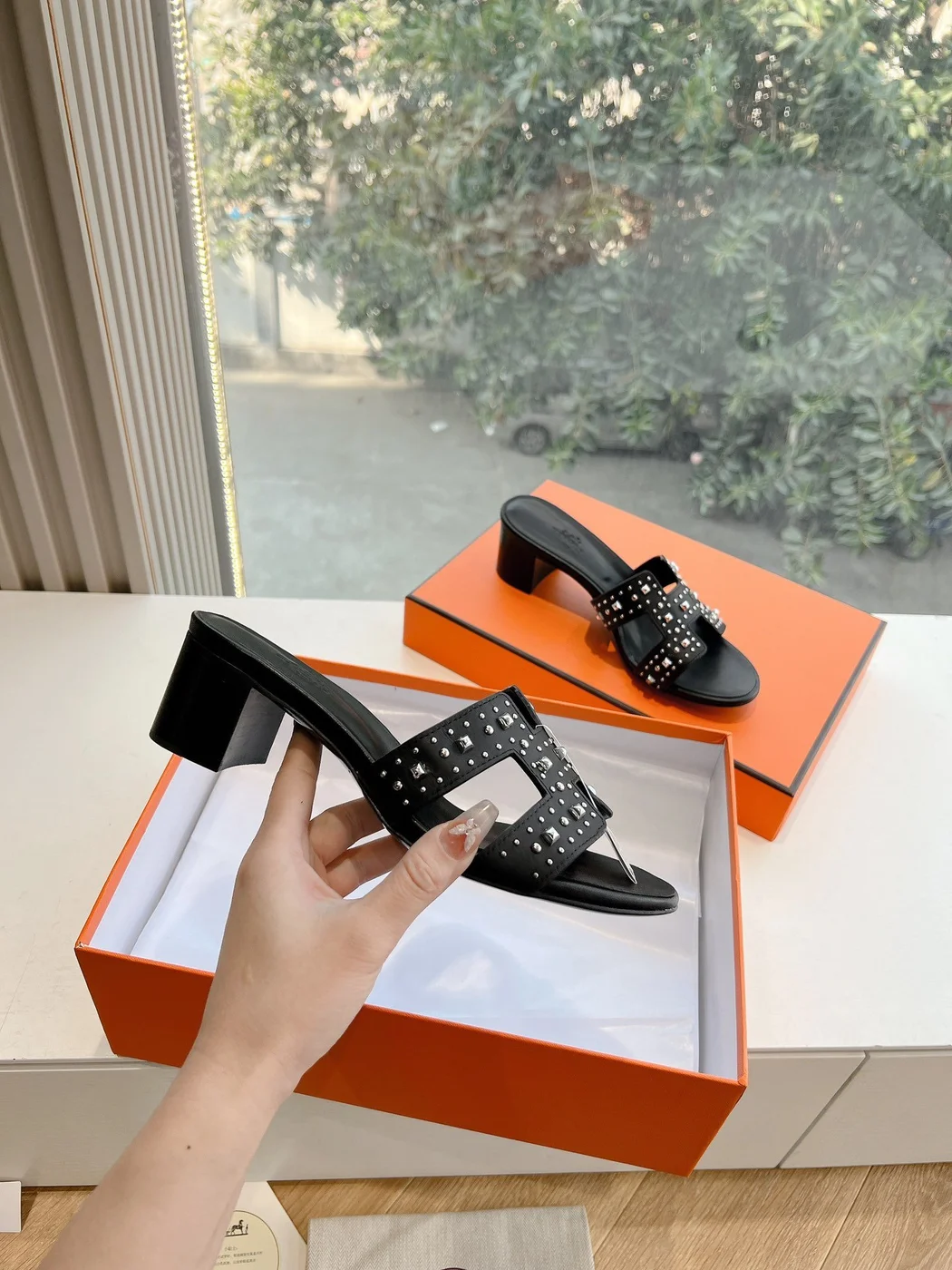 Hermès Women Black Leather Studded Mules product view 5