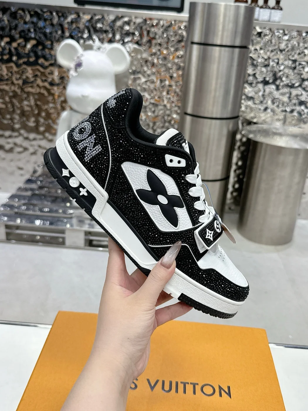 Louis Vuitton Women Black and White Sneakers — Monogram Trainer Style product view 6