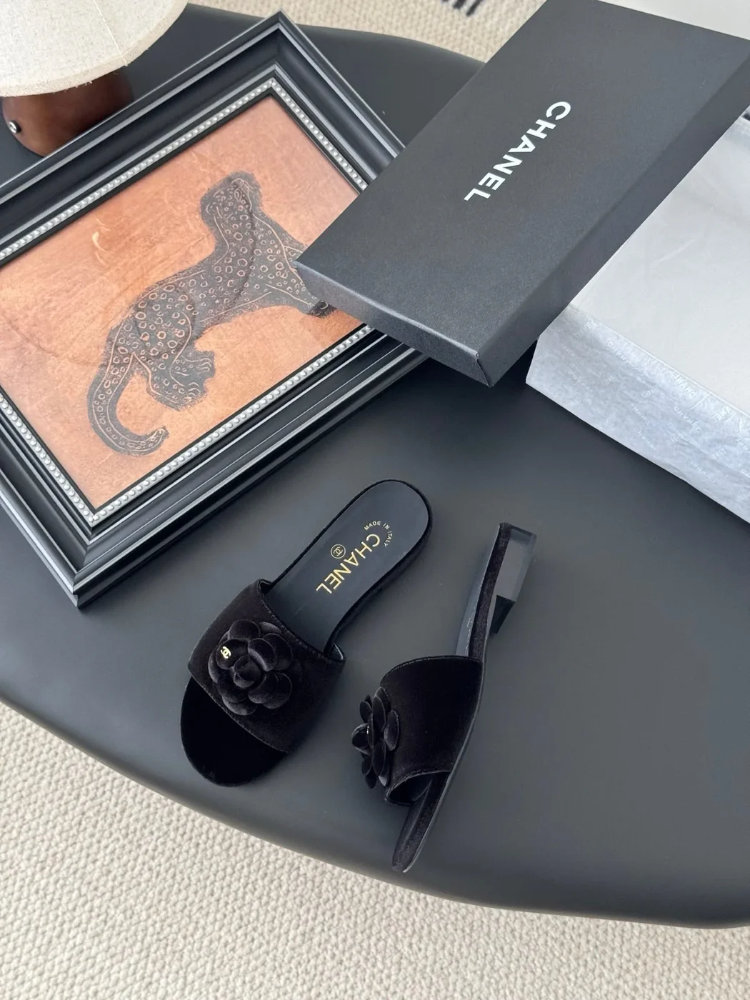 Chanel Women Black Velvet Flower Embellished Slides product view 3