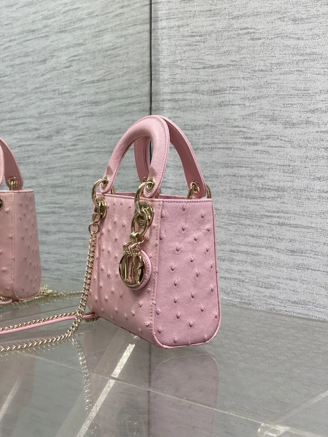 Dior Mini Lady Dior bag in Pink ostrich leather product view 4