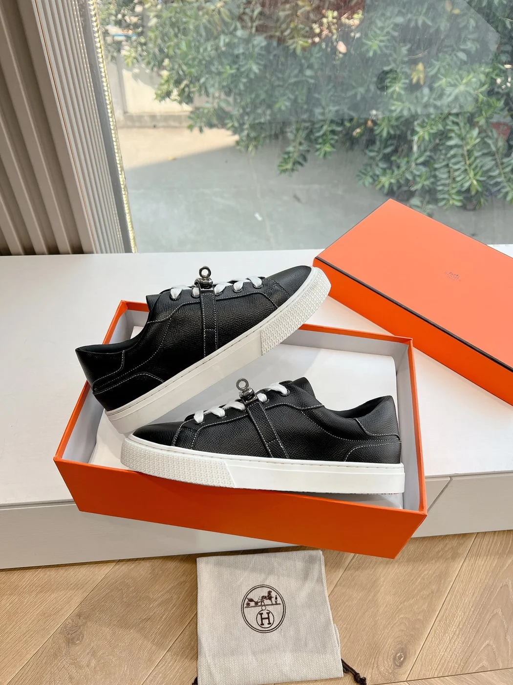 Hermès Women Black Leather Sneakers With Buckle Strap product view 4