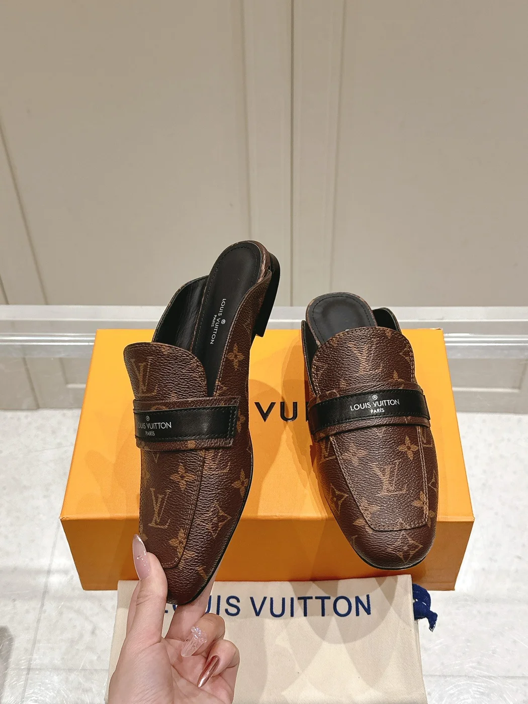 Louis Vuitton Women Brown Leather Monogram Mules — Black Strap Detail product view 4