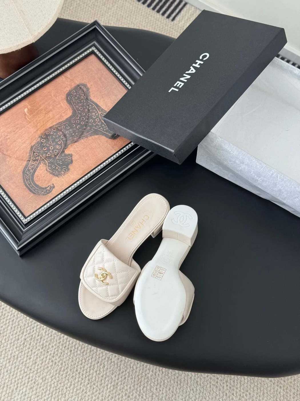 Chanel Women Ivory Quilted Leather Mules — Chain-Woven CC Detail product view 4