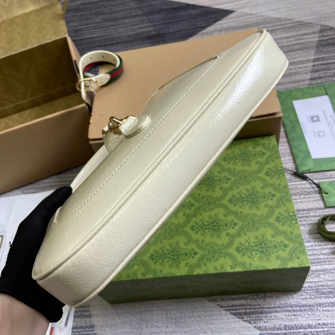Gucci Jackie Small Shoulder Bag 27 In White Cracked Lacquer Calfskin Gold Hardware product view 3