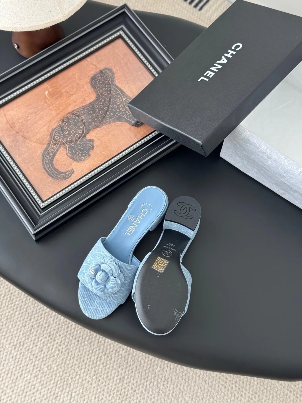 Chanel Women Light Blue Fabric Floral Slide Sandals product view 4