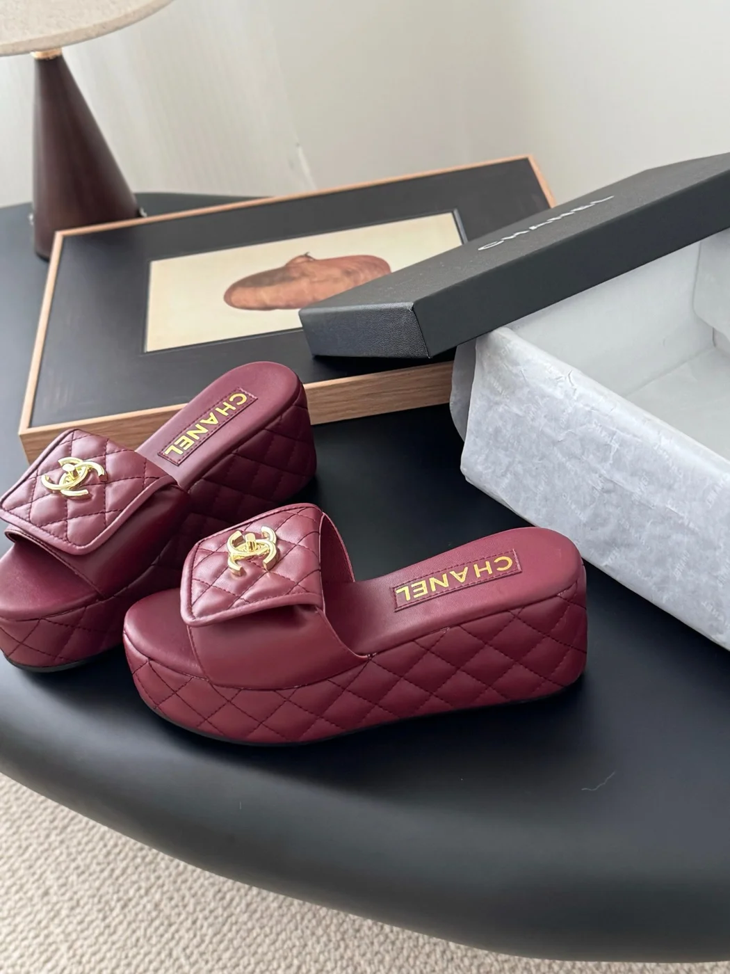 Chanel Women Burgundy Quilted Leather Slides — Gold-Tone CC Detail product view 2