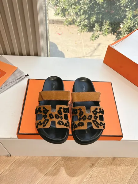 Hermès Women Tan Suede Leopard Print Slippers product photo