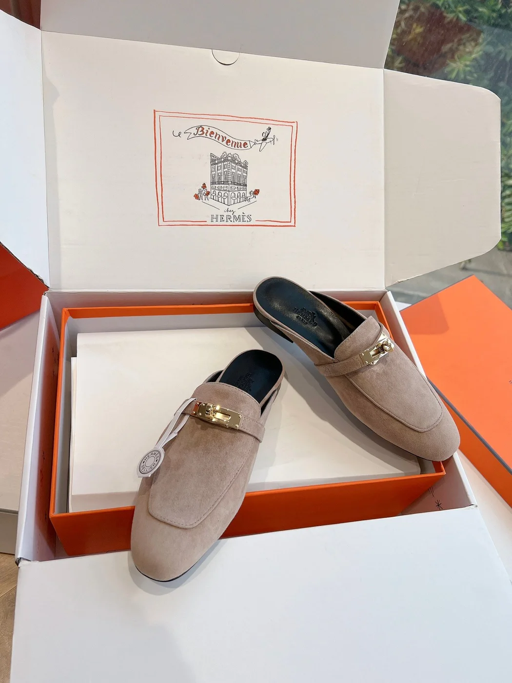 Hermès Women Beige Suede Mules — Metal-Bar Loafer Style product view 5