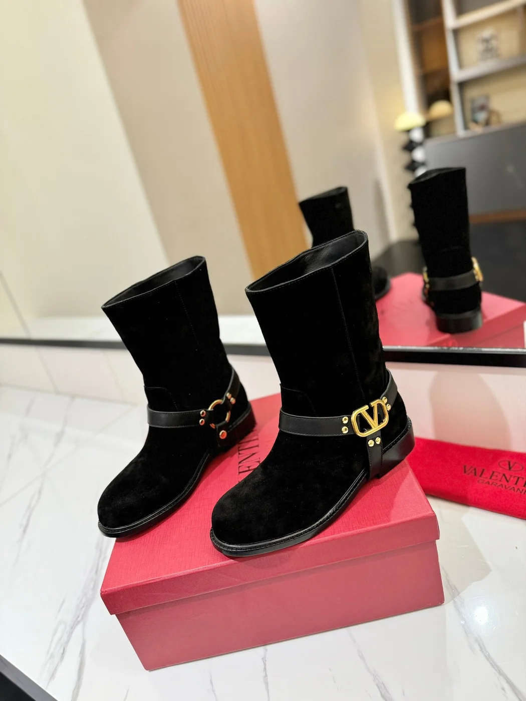 Valentino Women Black Suede Strap Boots — Ankle Height product view 3