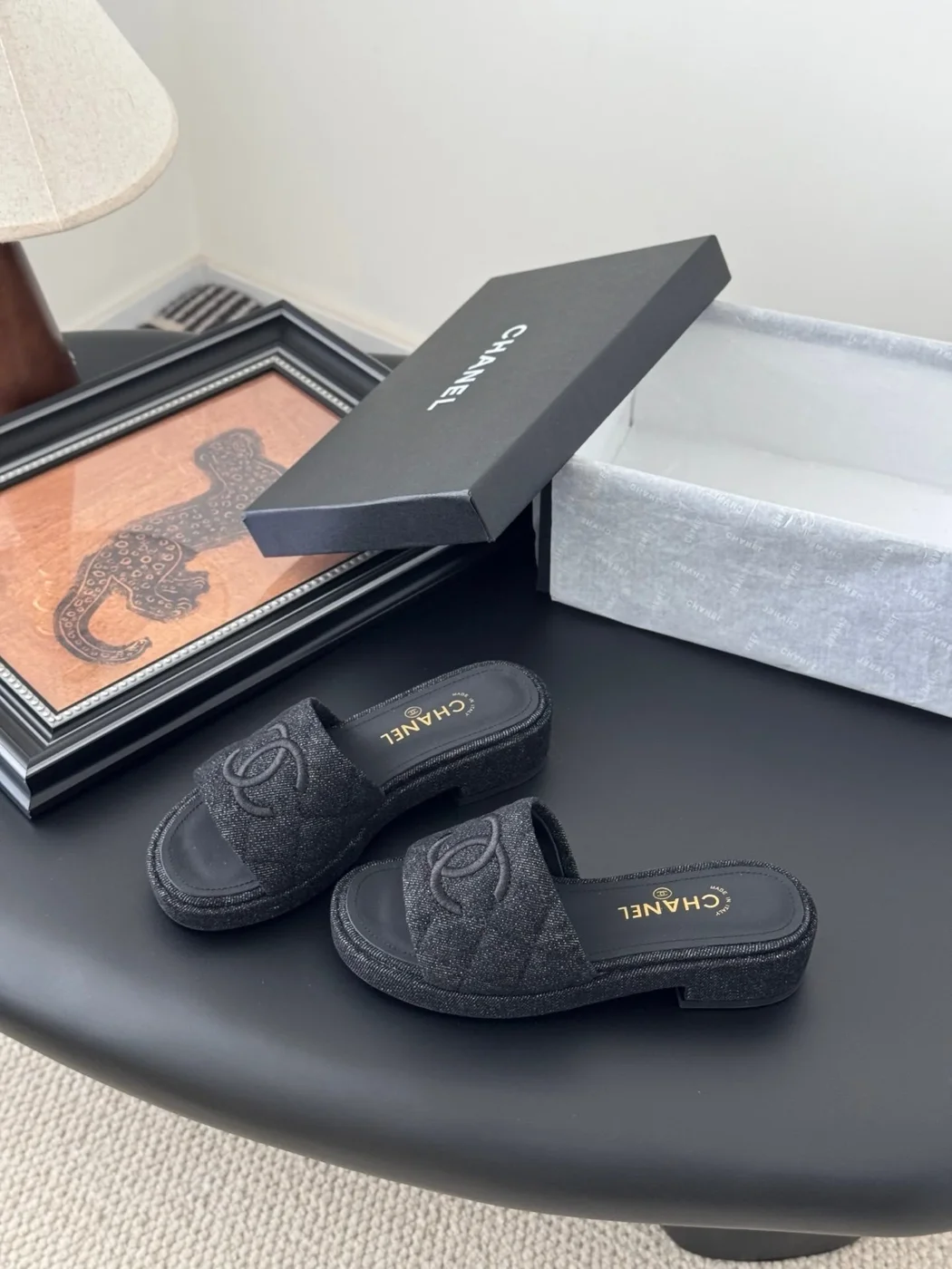 Chanel Women Black Fabric Slide Sandals product view 2