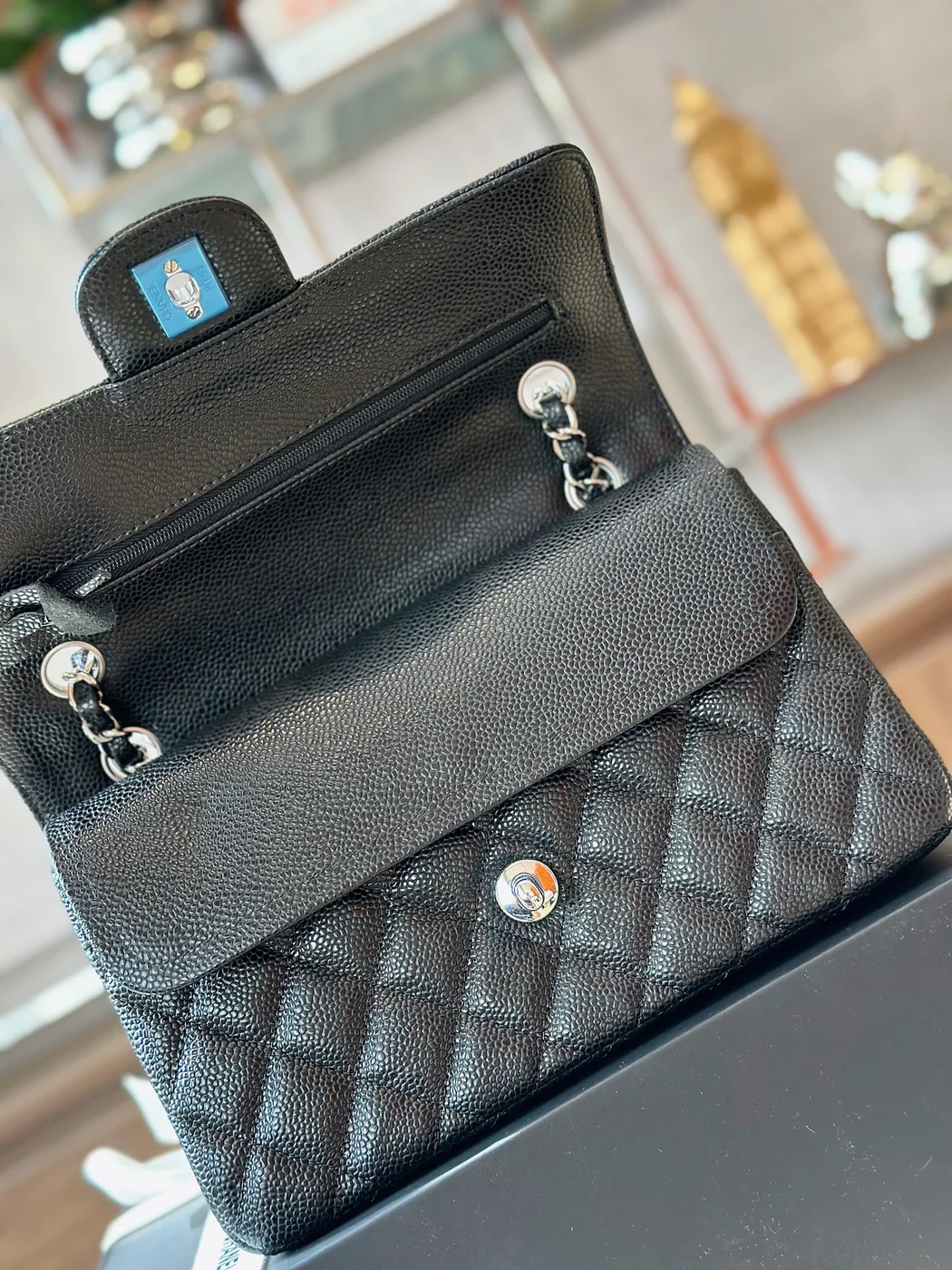 Chanel Classic Handbags Woman’s Black Leather Lock Silver 23 cm product view 6