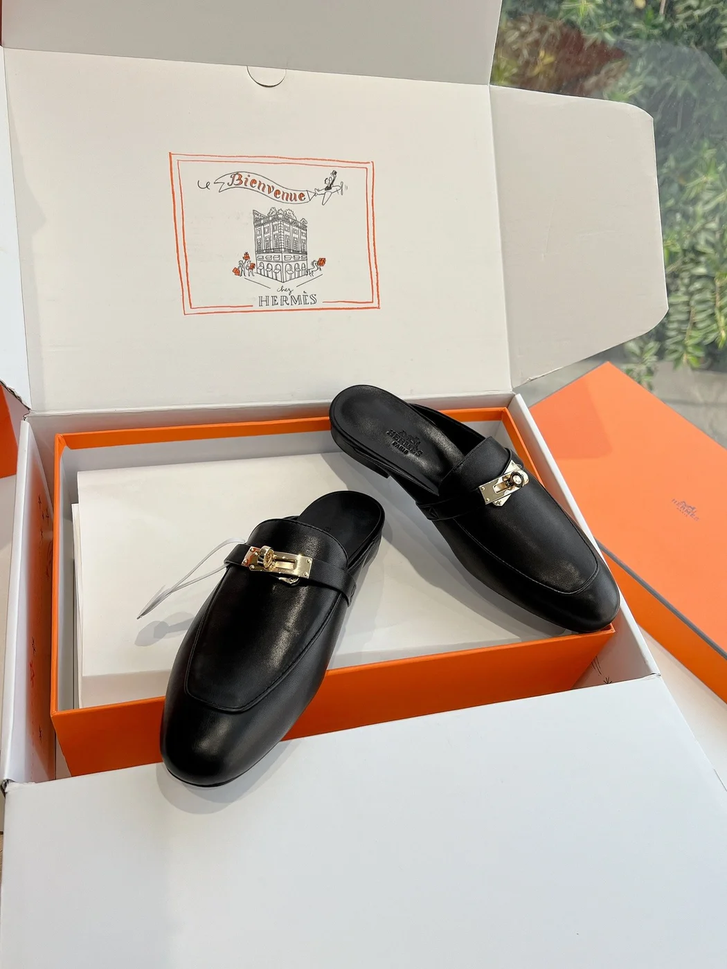 Hermès Women Black Leather Mules — Metal-Bar Loafer Style product view 5