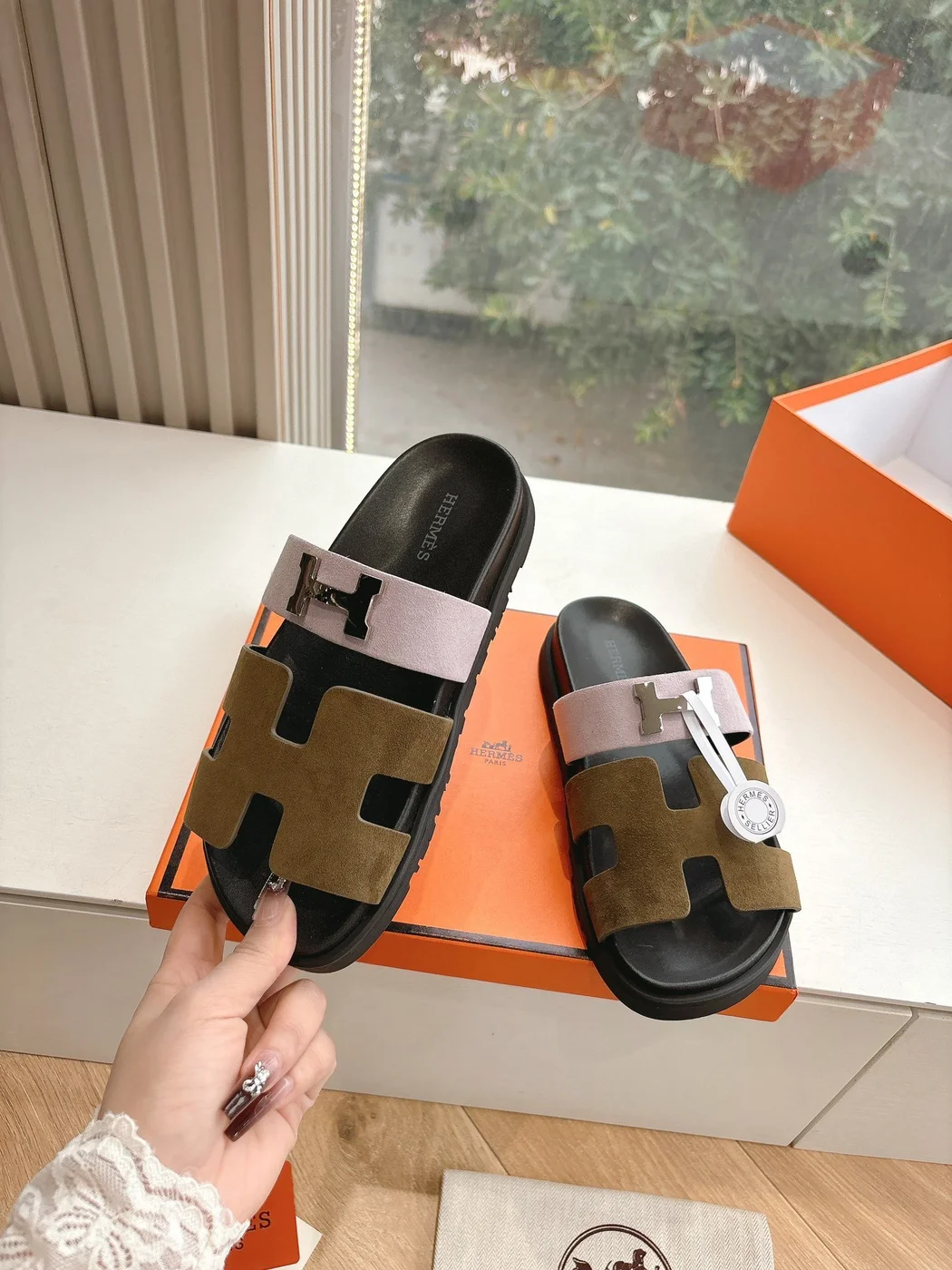 Hermès Women Pink And Olive Suede Sandals product view 6