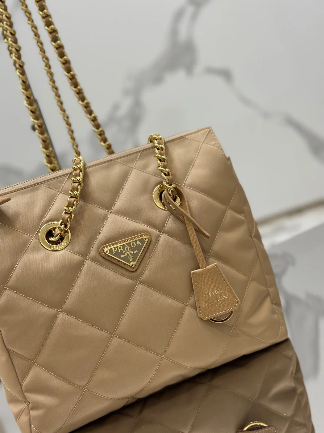 Prada Vintage Hobo Bag 25 In Light French Beige Quilted Nylon Gold Hardware product view 2