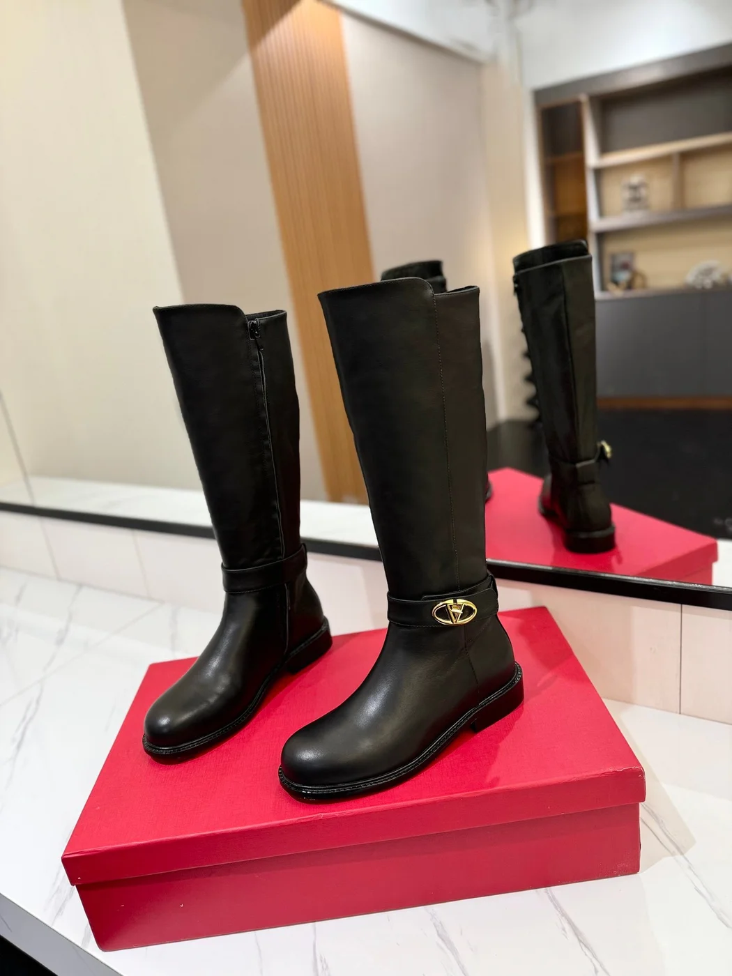 Valentino Women Black Leather Knee High Boots — Low-Heel Ankle-Strap Style product view 3