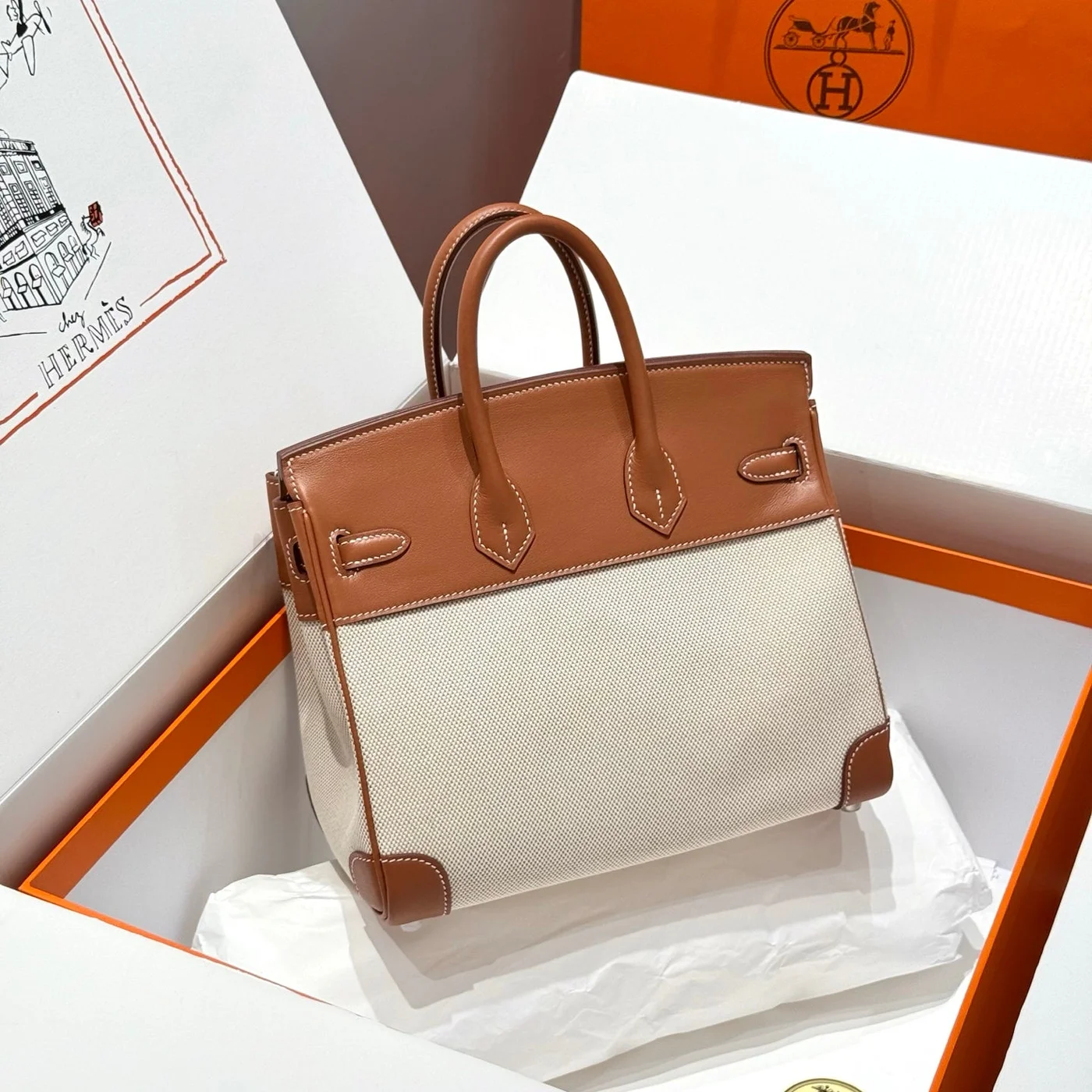 Hermès Birkin 25 cm In Veau Barenia Swift Ercu Toile Canvas Bag product view 2