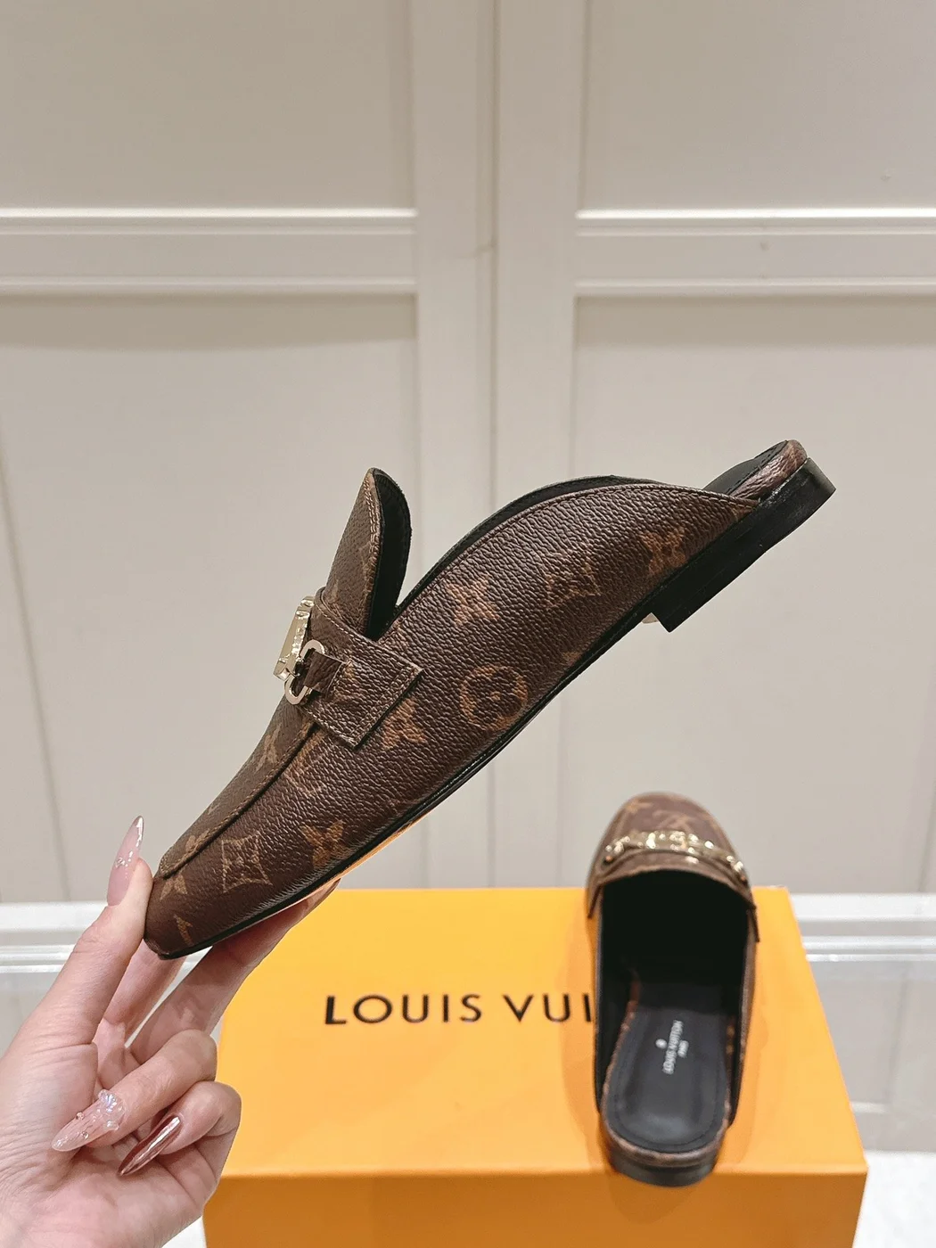 Louis Vuitton Women Brown Leather Mules — Metal-Bar Loafer Style product view 5