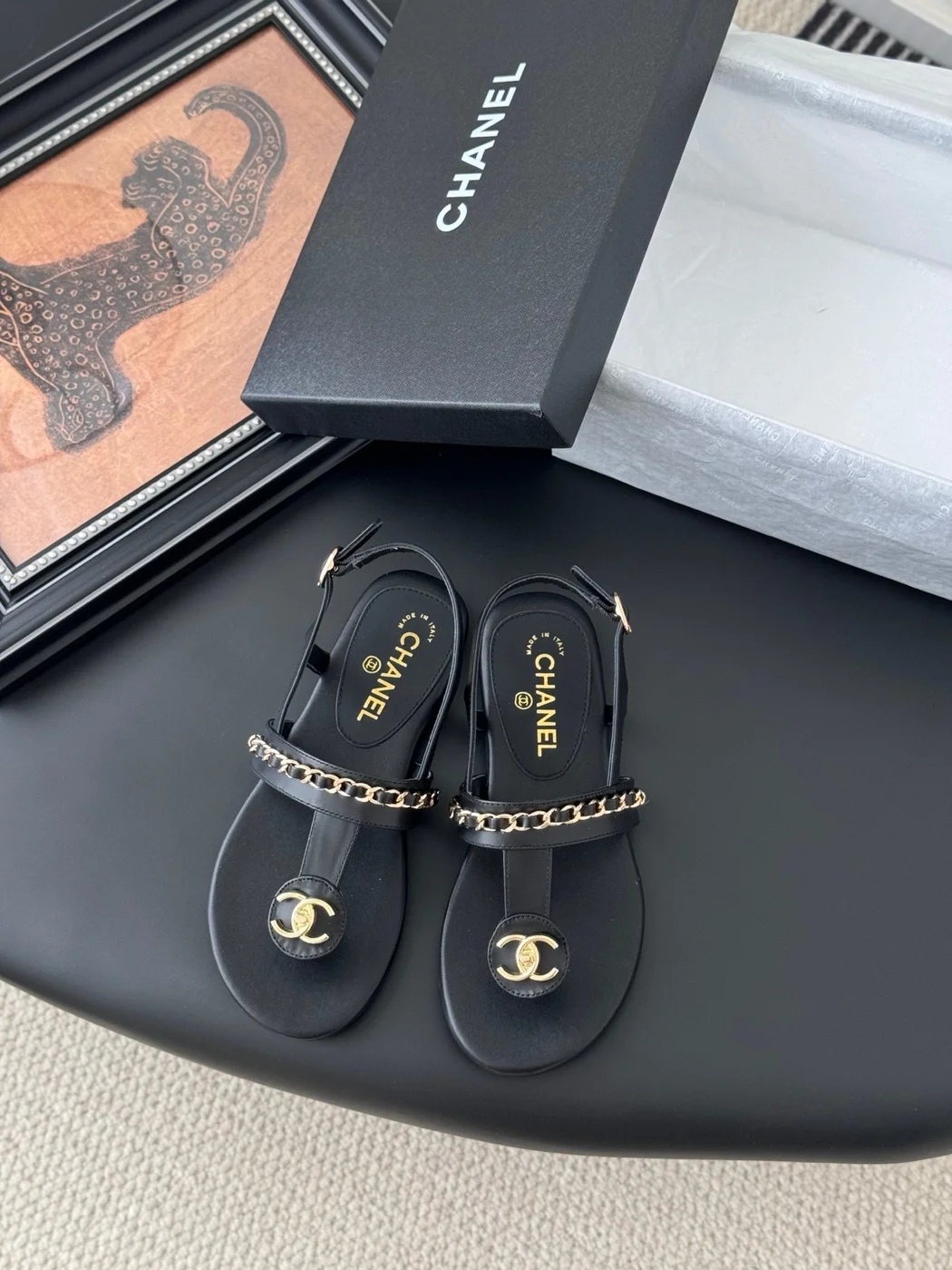 Chanel Women Black Leather Chain Detail Flat Sandals product view 1
