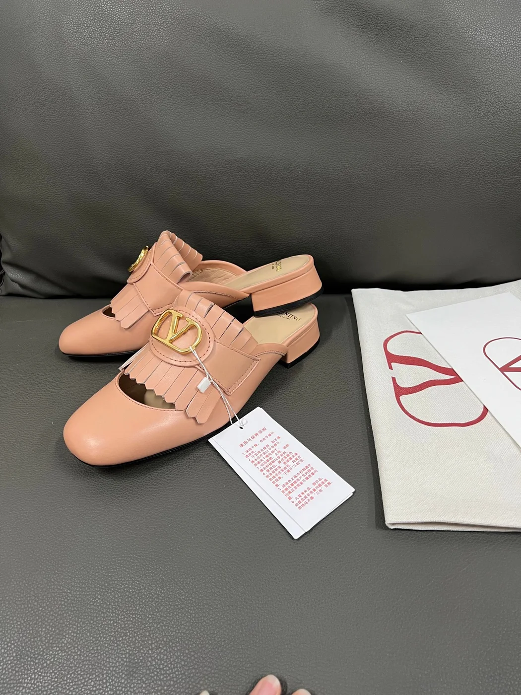 Valentino Women Peach Pink Leather Fringe Mules product view 4