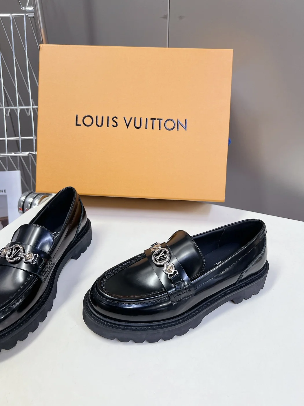 Louis Vuitton Women Black Leather Loafers — Chain Detail with Lug Sole product view 4