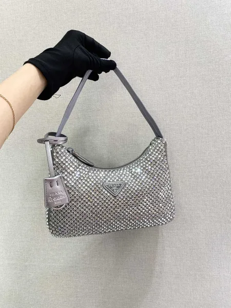 Prada Sparkling Hobo Bag 23 In Silver Nylon Attached Fully Crystals product view 2