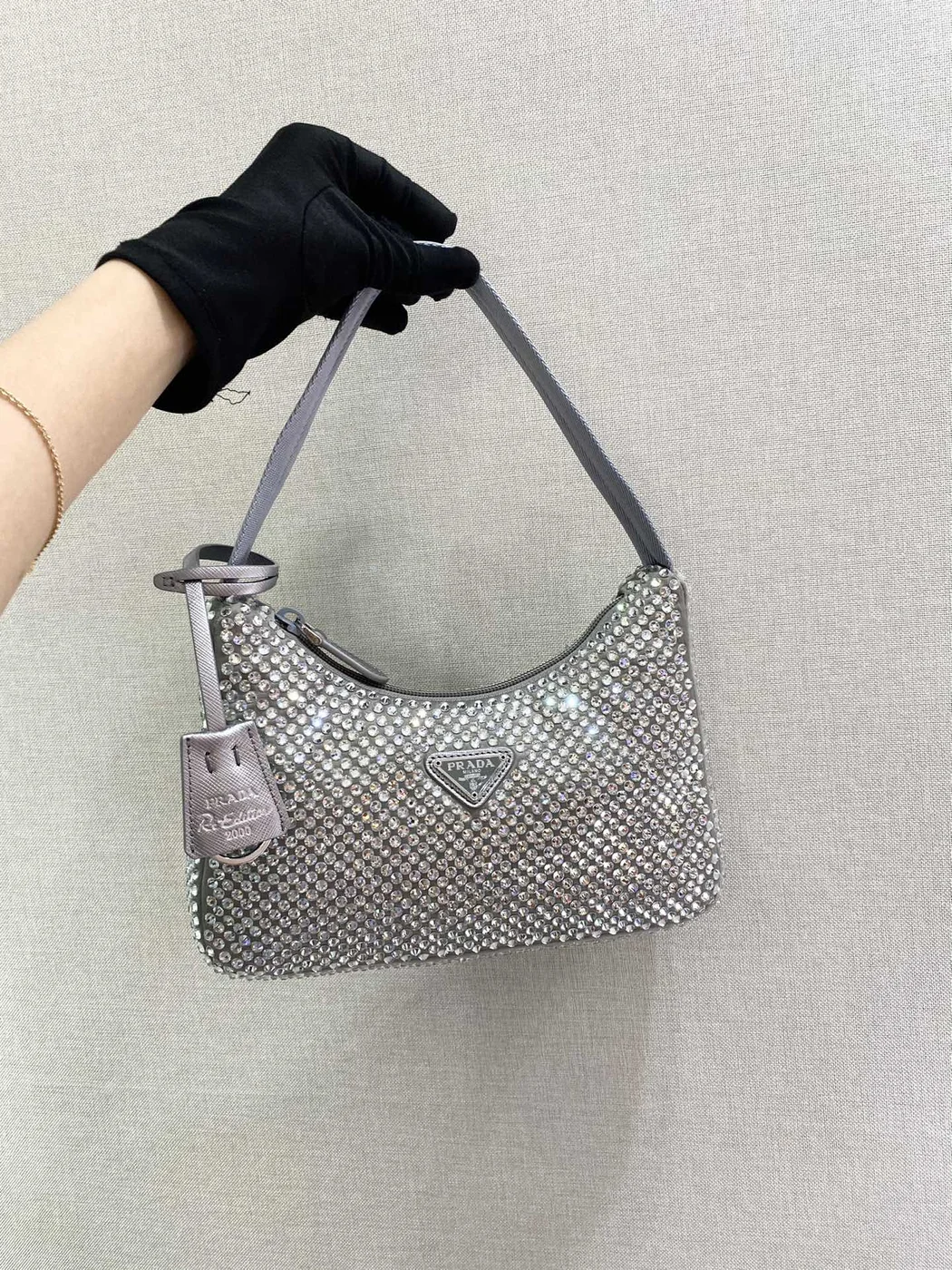 Prada Sparkling Hobo Bag 23 In Silver Nylon Attached Fully Crystals product view 2