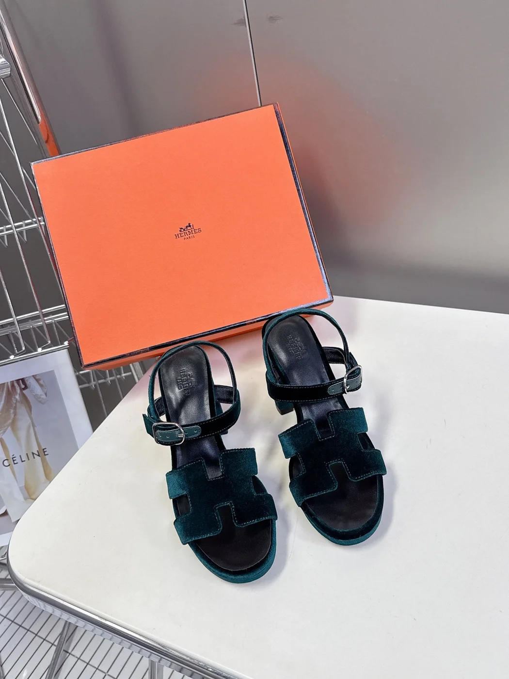 Hermès Women Dark Green Suede Sandals product view 1