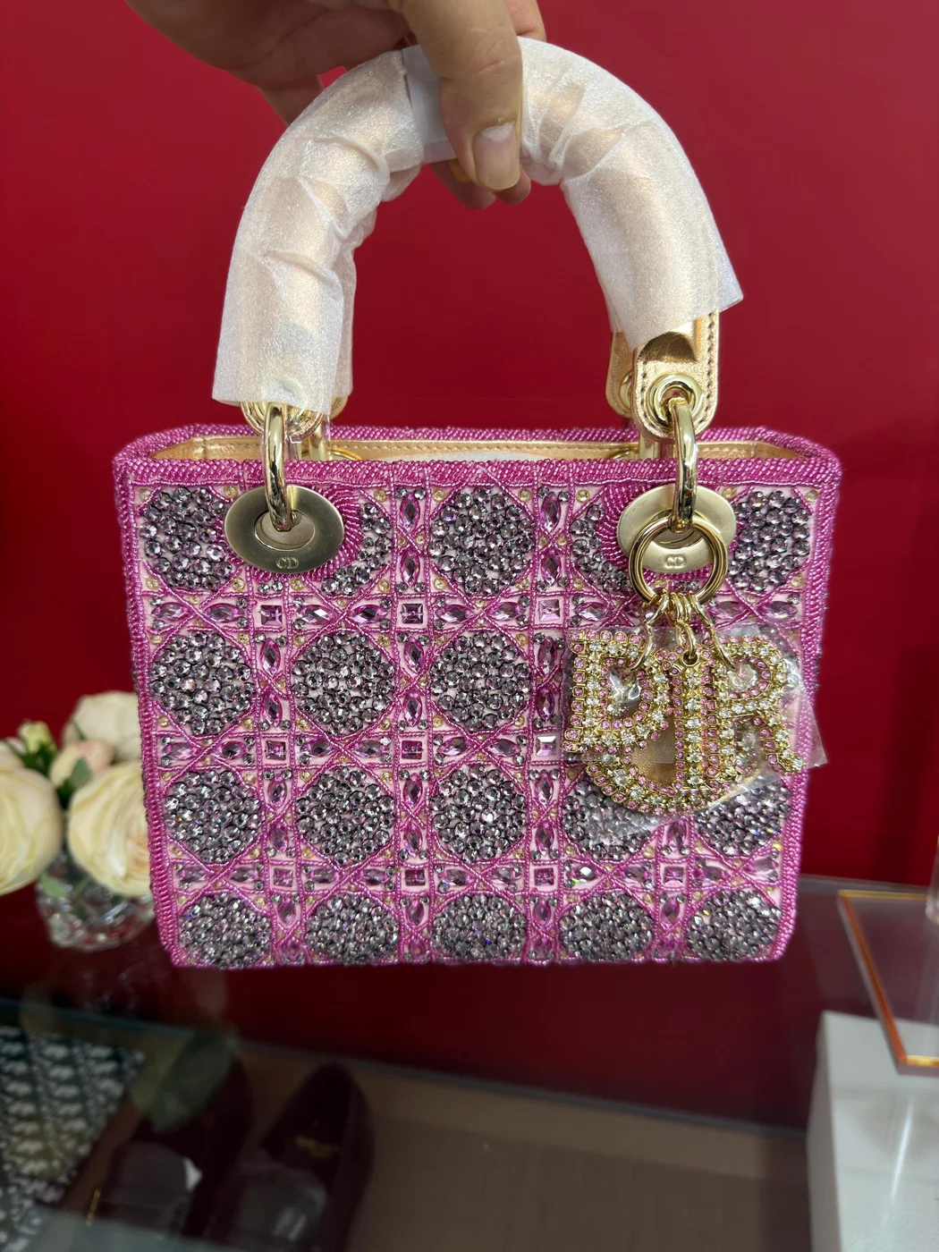 Dior Lady Bag Metallic Calfskin & Satin with Rose Des Vent product view 1