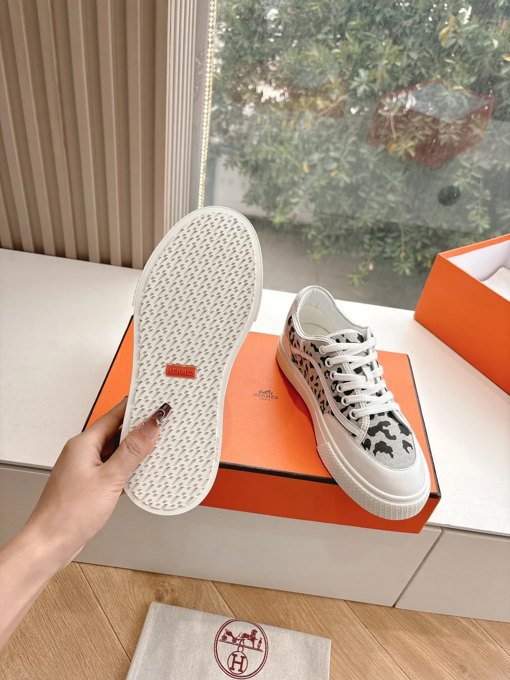Hermès Women White Canvas Leopard Print Sneakers product view 2