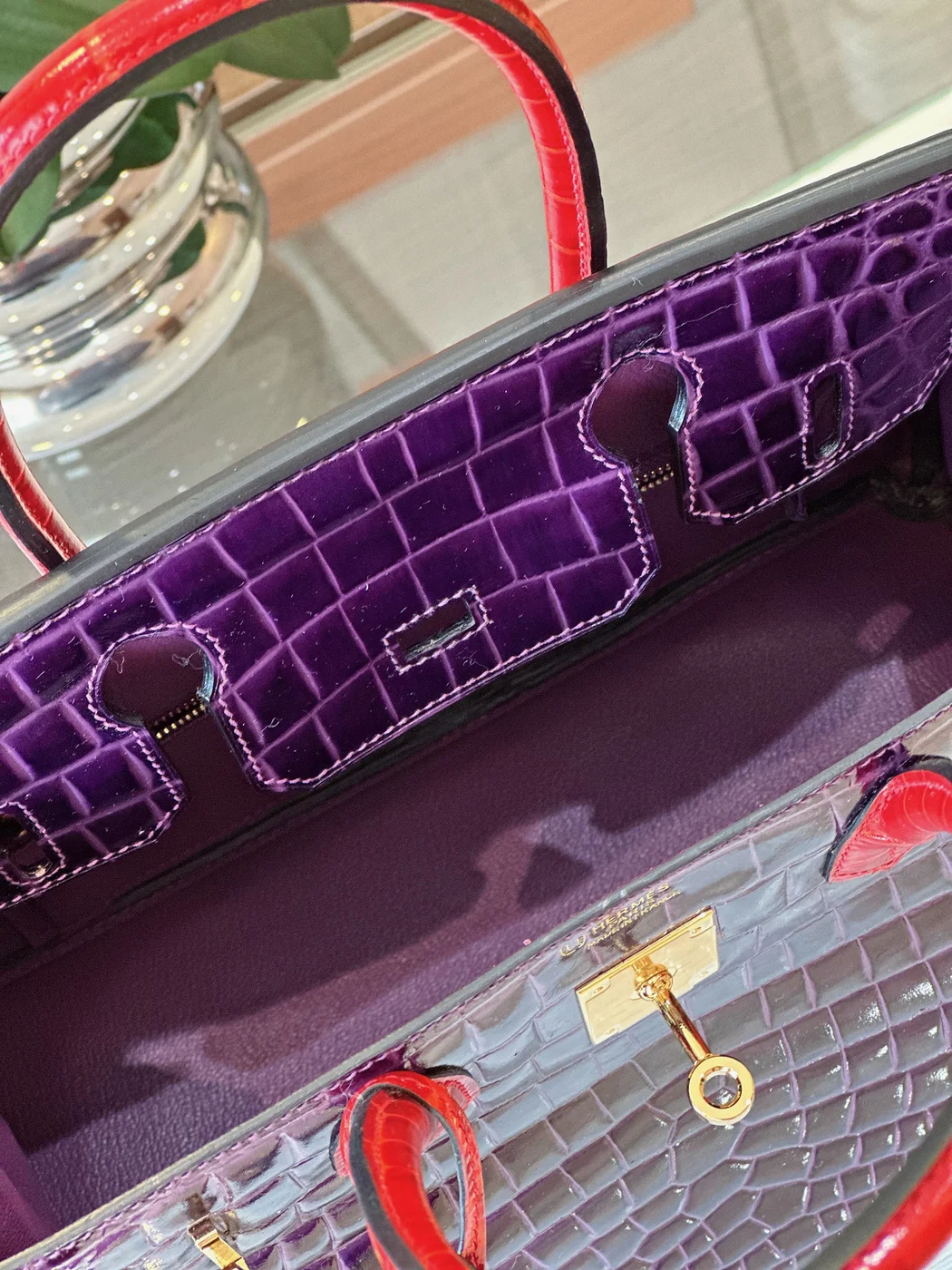 Hermès Birkin 30 Purple/Red Crocodile Leather Gold Hardware Bag product view 7