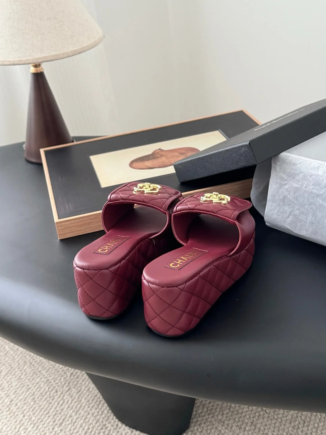Chanel Women Burgundy Quilted Leather Slides — Gold-Tone CC Detail product view 3