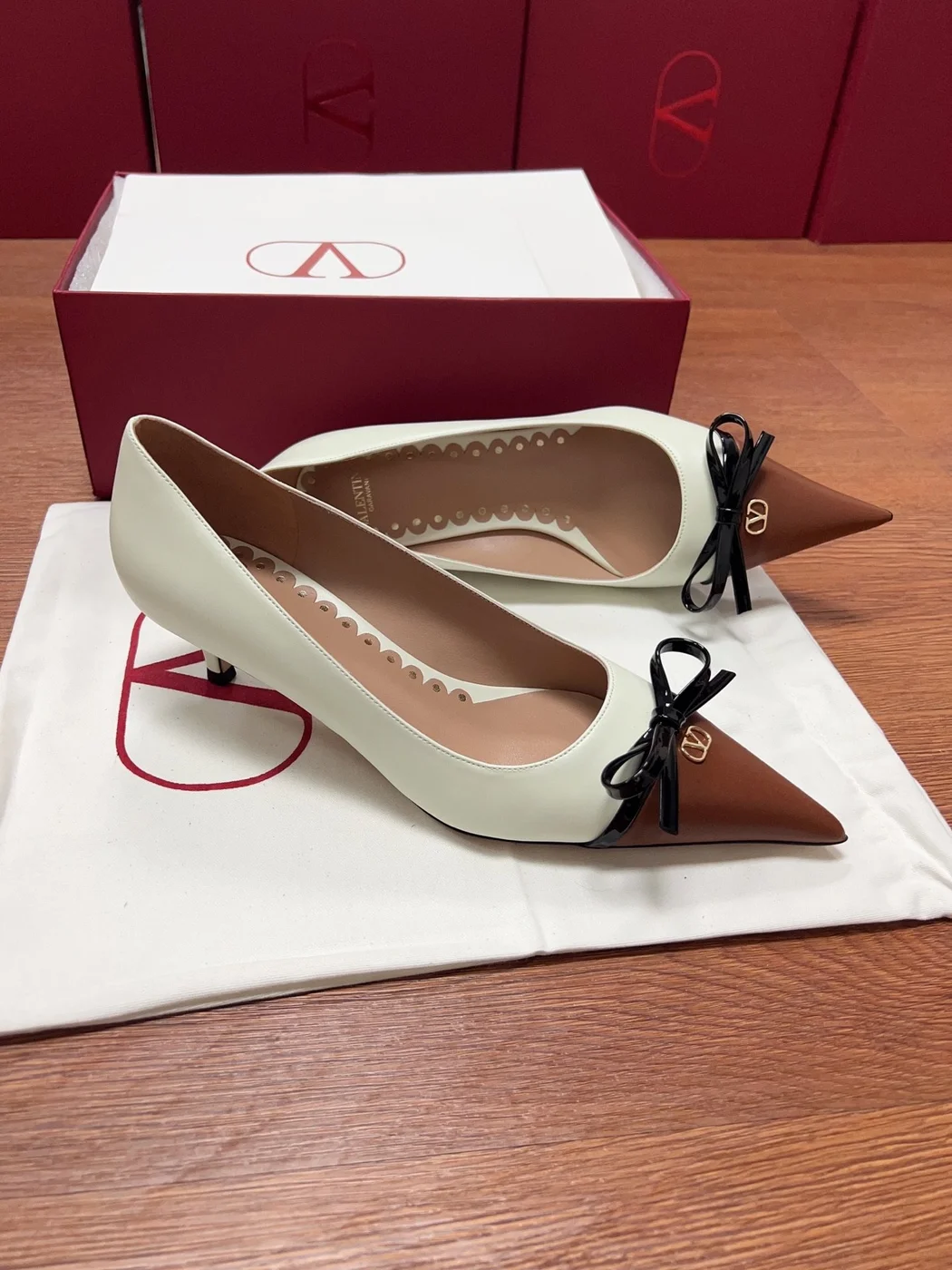 Valentino Women Ivory Leather Brown Patent Heels product view 4