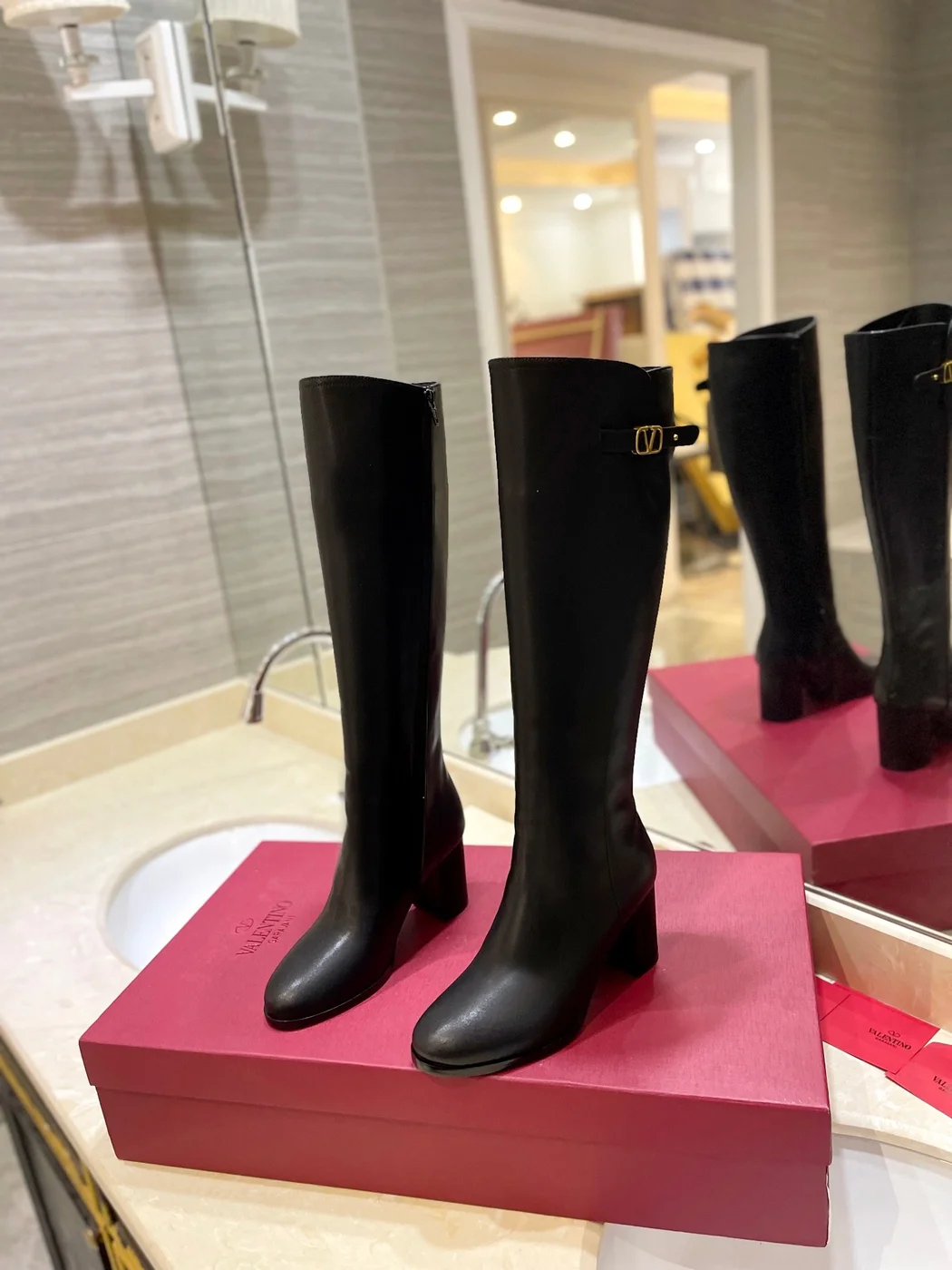 Valentino Women Black Leather Knee High Boots — Upper-Shaft Buckle Detail product view 3