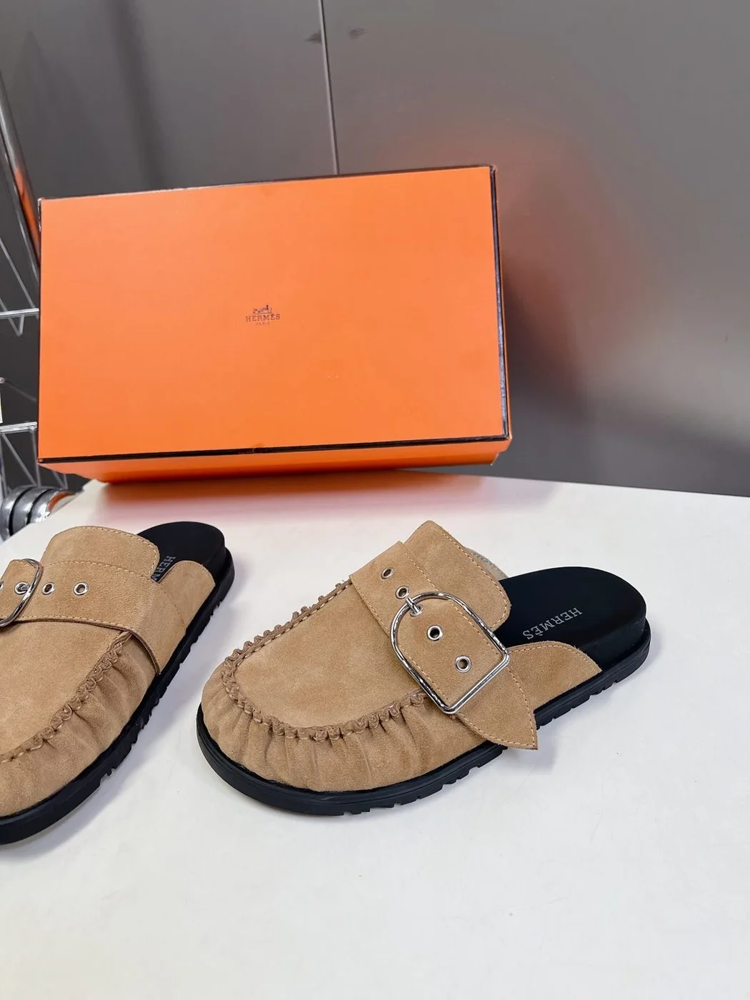 Hermès Women Suede Buckle Mules — Tan Brown product view 4