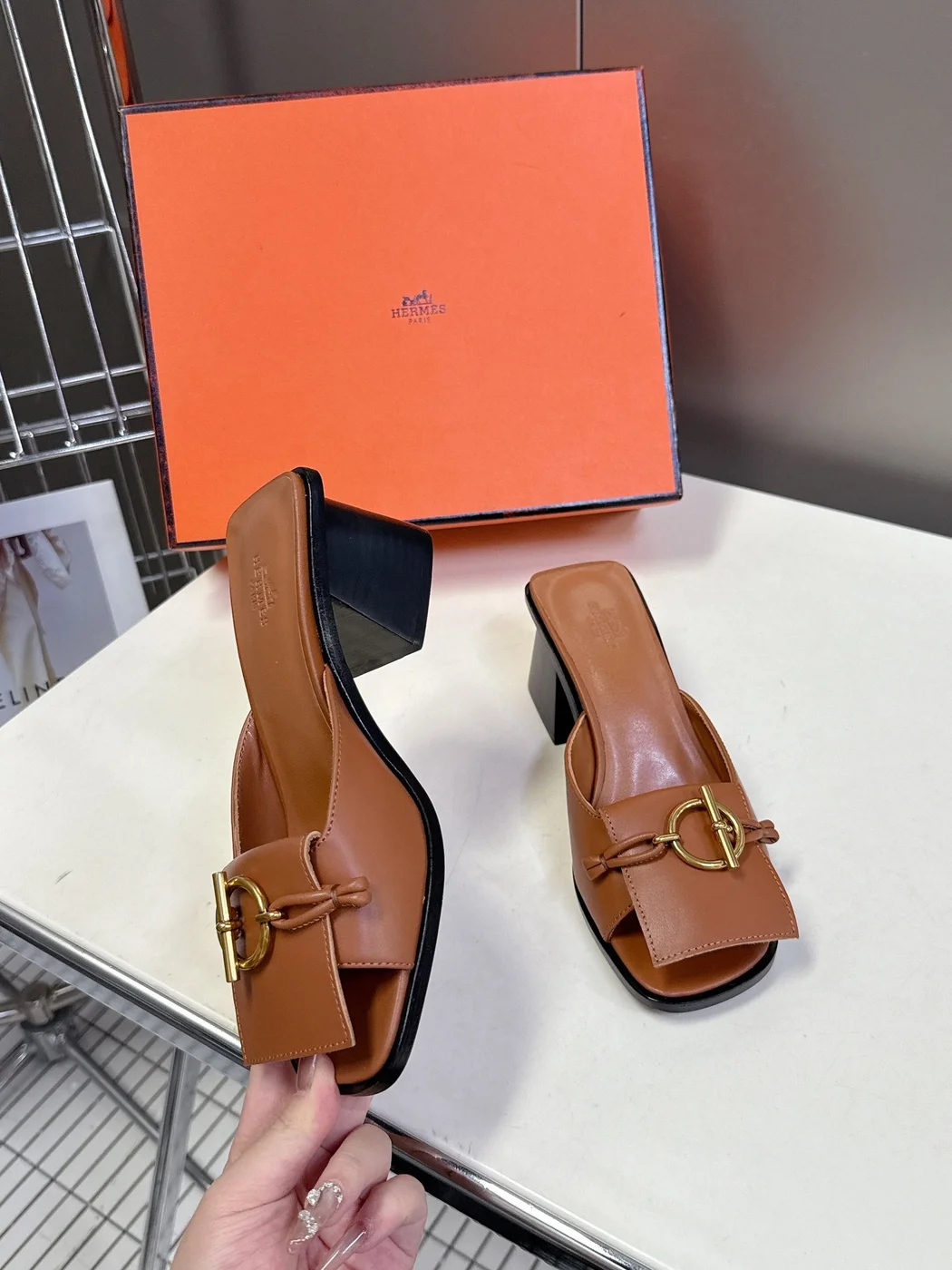 Hermès Women Brown Leather Heels — Open-Toe Buckle Style product view 5