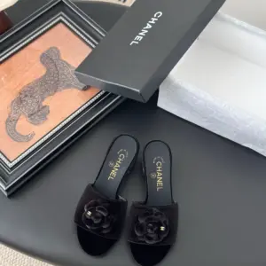 Chanel Women Black Velvet Flower Embellished Mules product photo