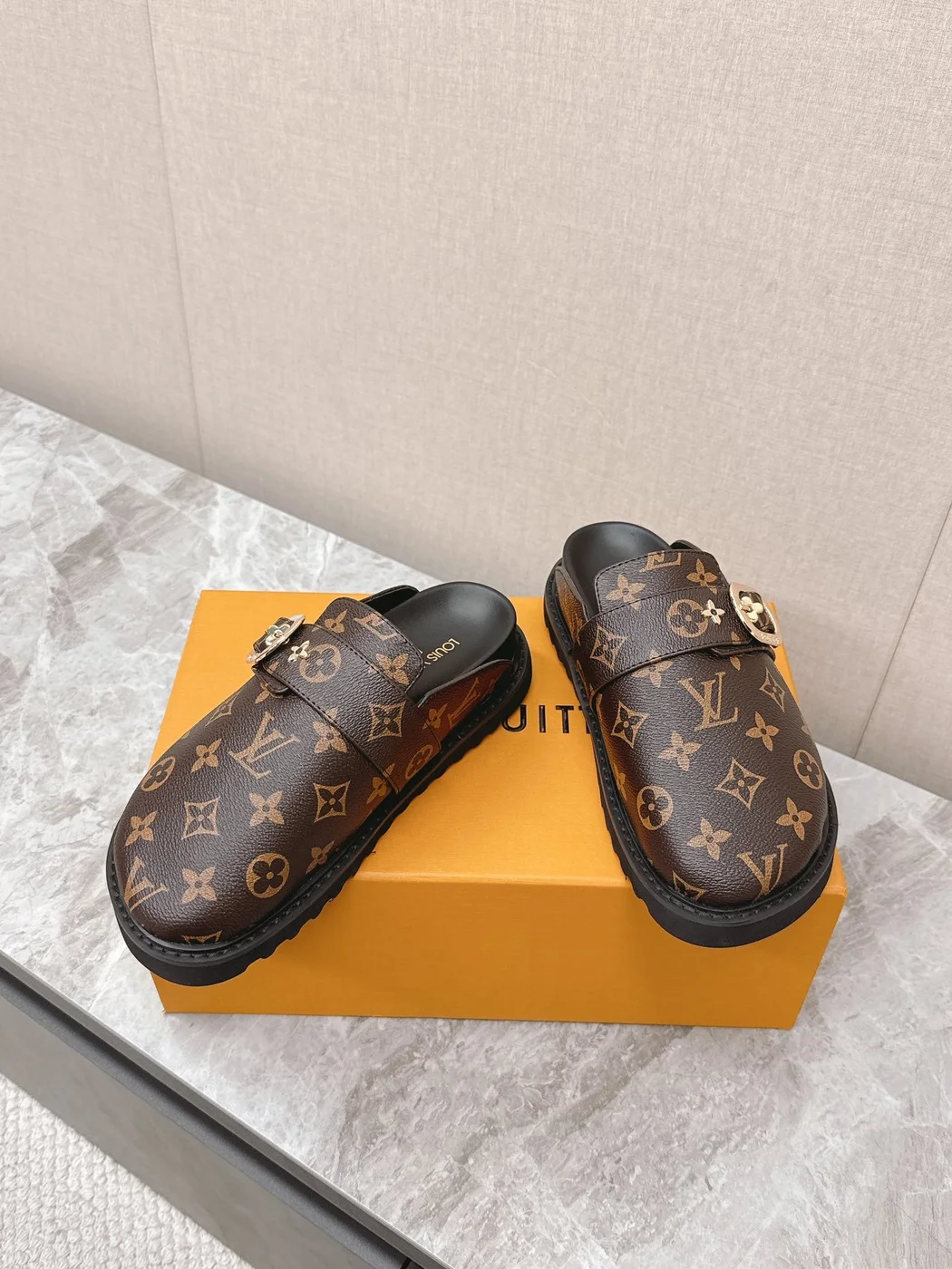Louis Vuitton Women Brown Leather Monogram Mules — Round Gold-Tone Buckle Detail product view 6
