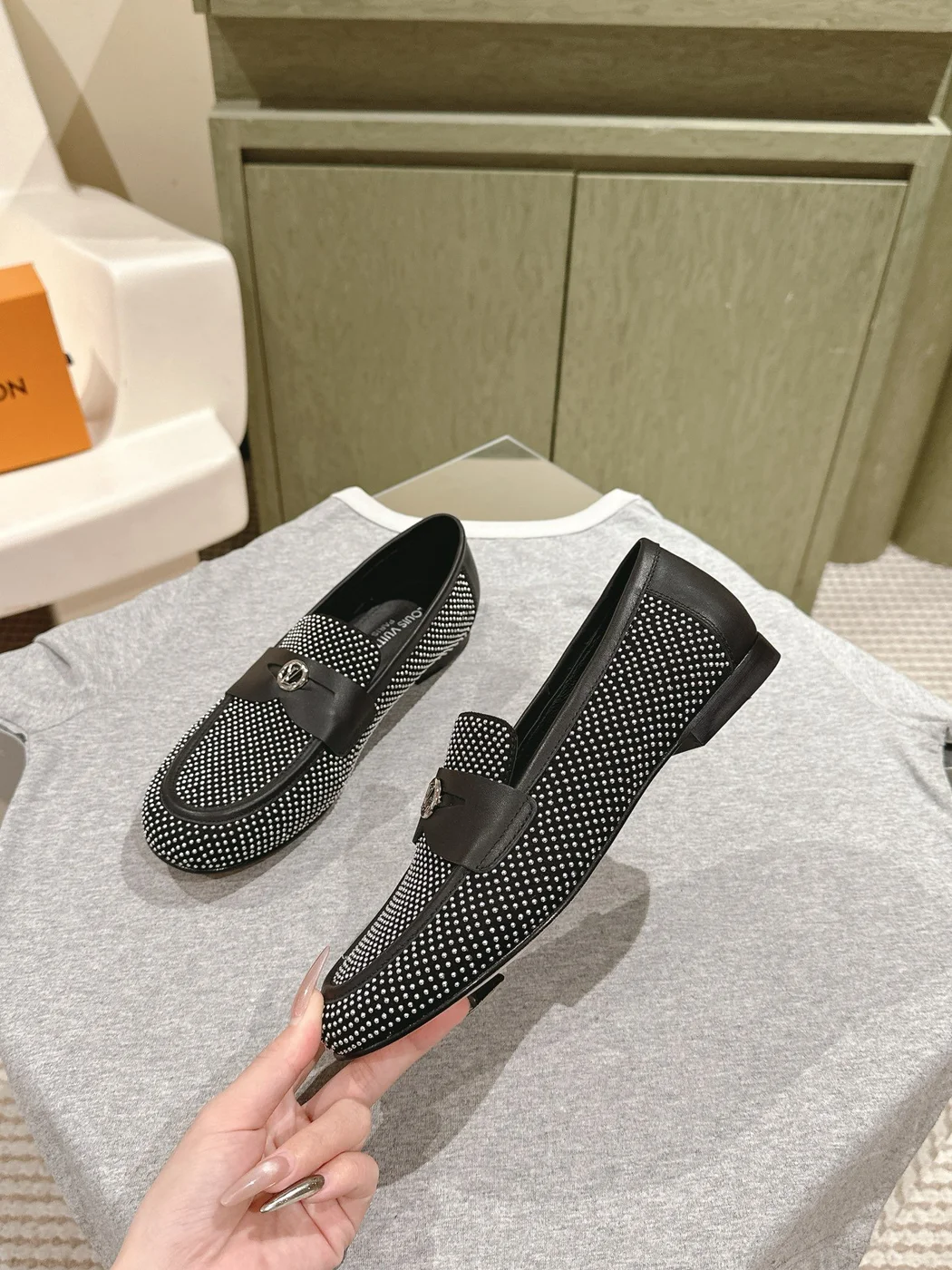 Louis Vuitton Women Black White Canvas Loafers product view 3