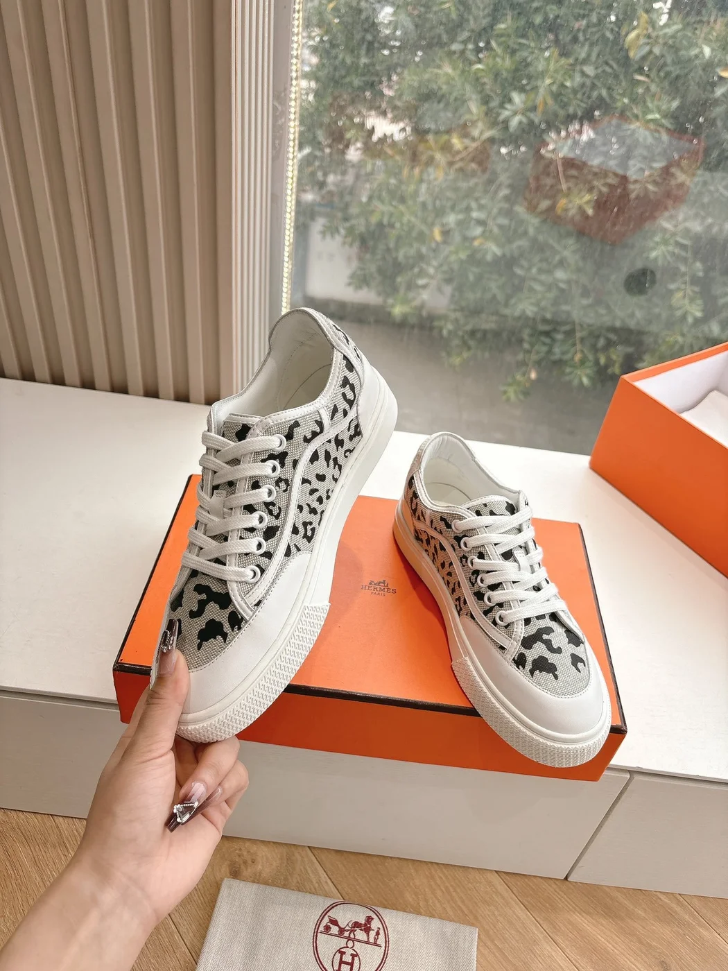 Hermès Women White Canvas Leopard Print Sneakers product view 6