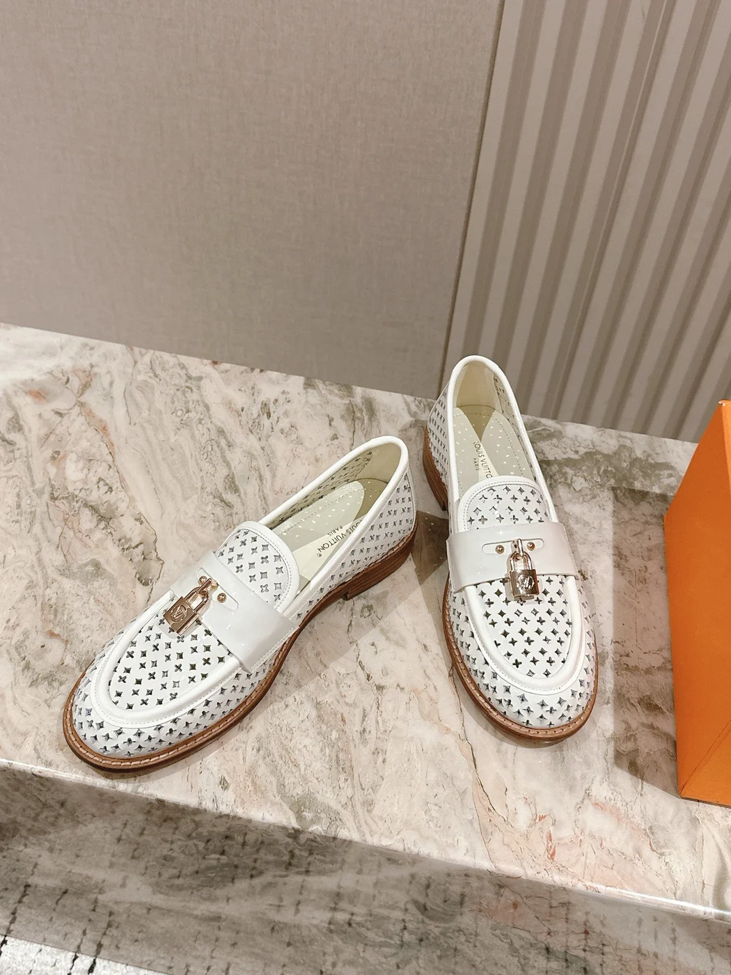 Louis Vuitton Women White Leather Loafers — Woven Upper Detail product view 4
