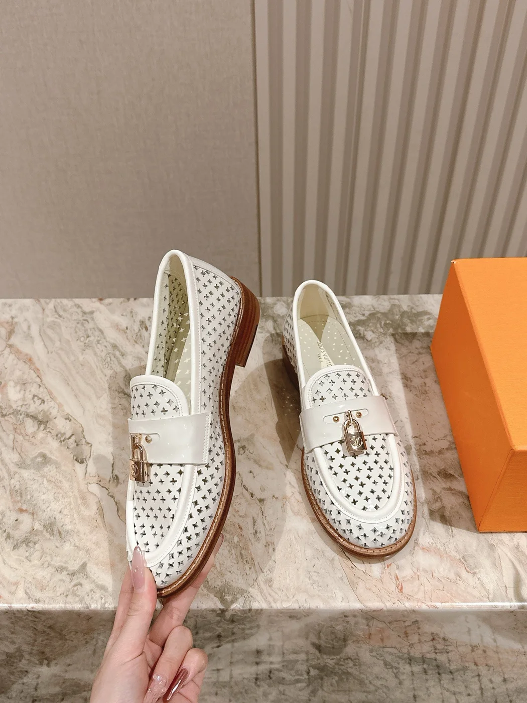 Louis Vuitton Women White Leather Loafers — Woven Upper Detail product view 3
