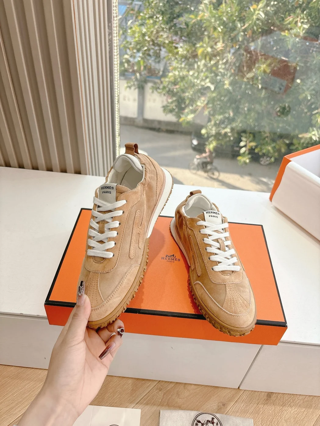 Hermès Women Beige Suede Sneakers product view 2