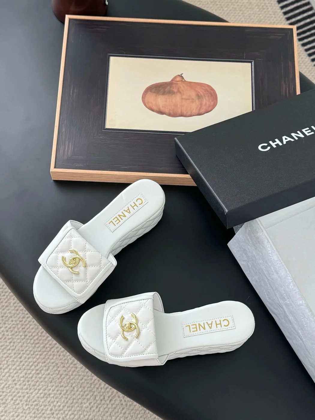 Chanel Women White Quilted Leather Slides — Gold-Tone CC Detail product view 6