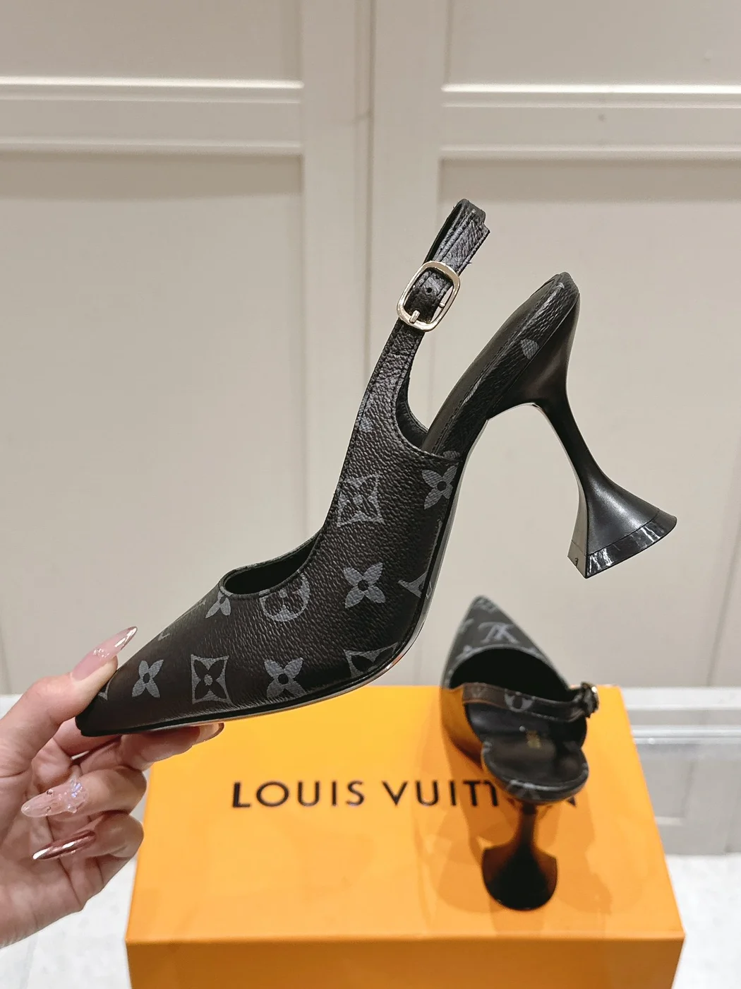 Louis Vuitton Women Black Patterned Leather Heels — Tonal Gray Pattern product view 5