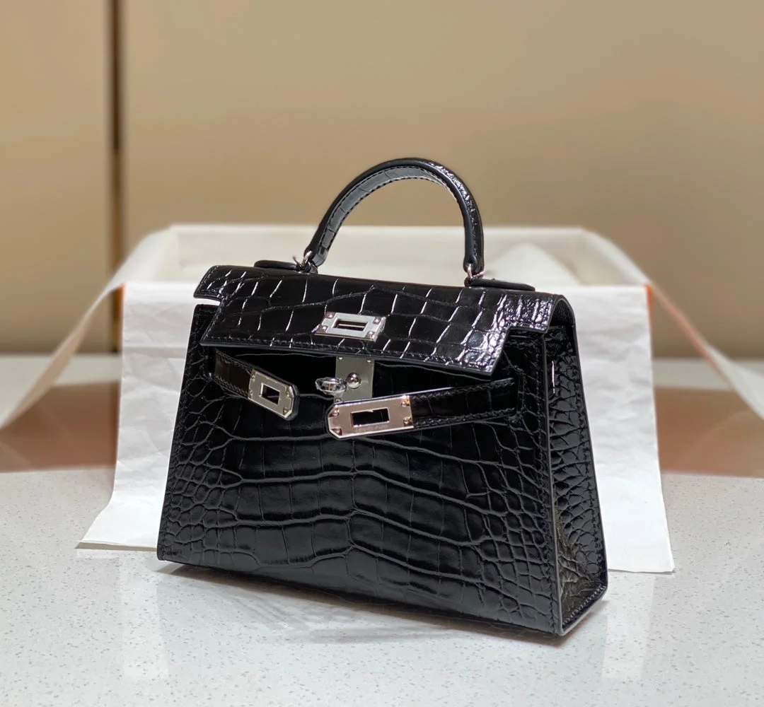 Hermès Mini Kelly In Black Crocodile Skin Silver Hardware Bag product view 2