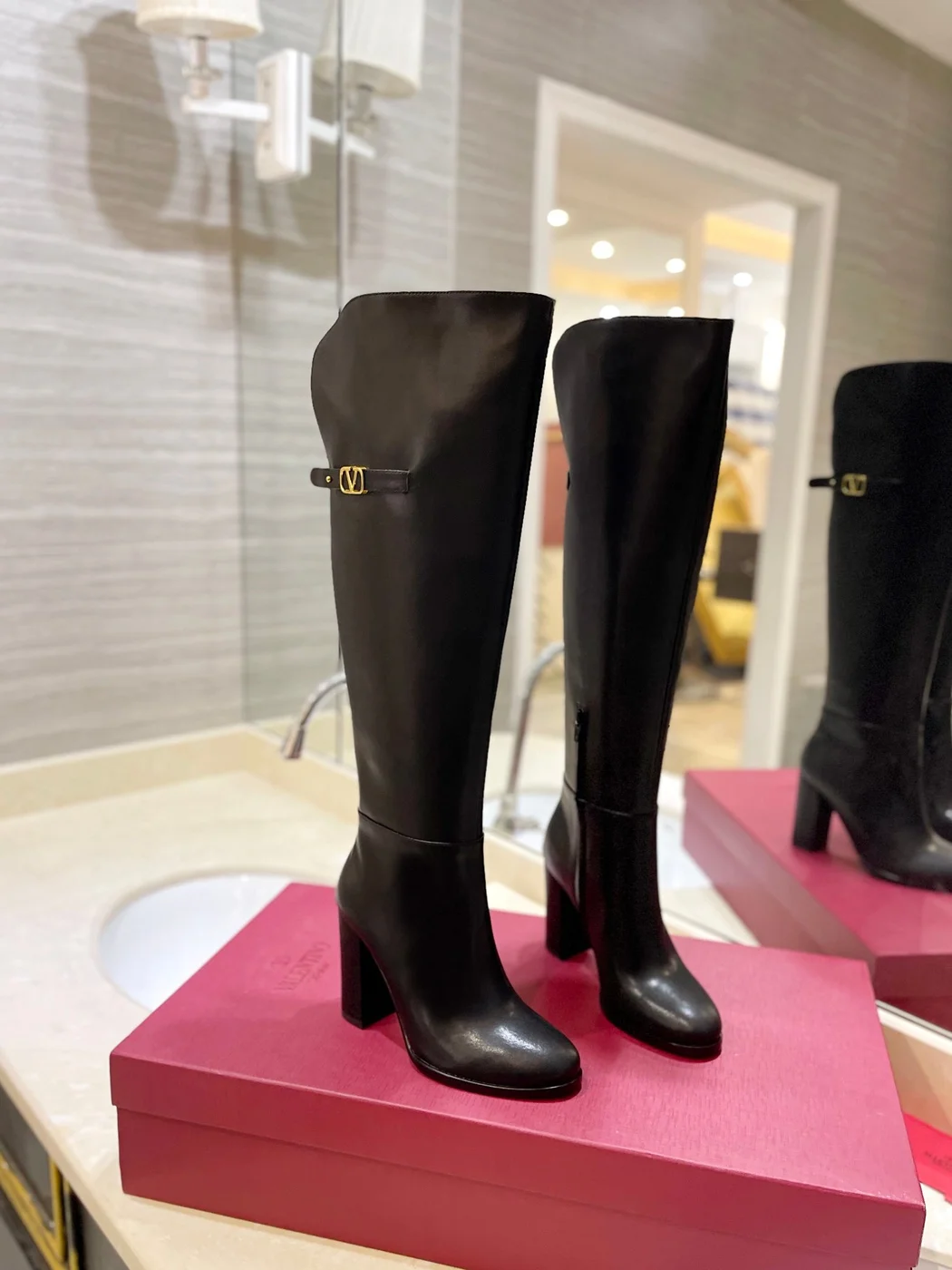 Valentino Women Black Leather High Heel Boots product view 1