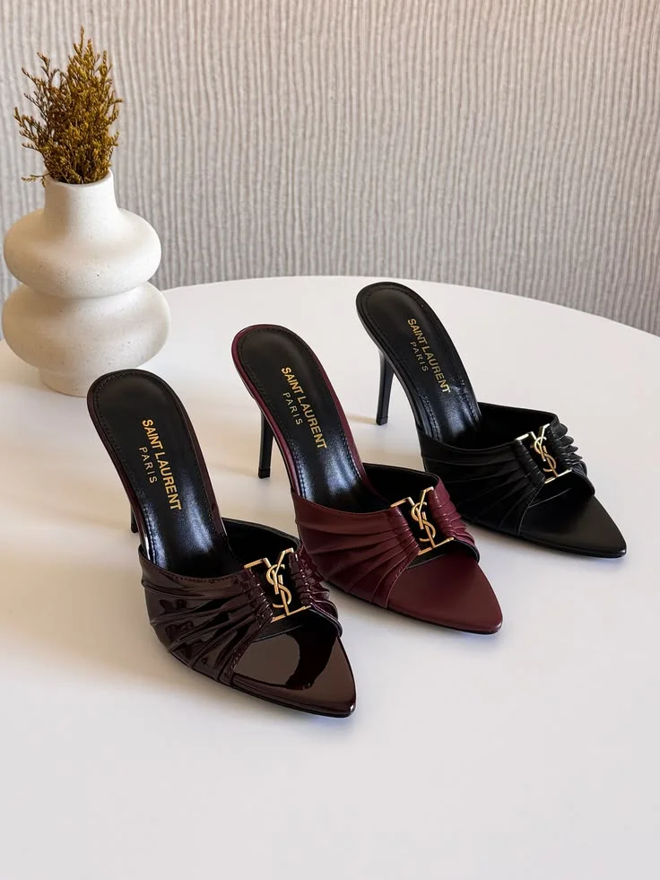 Saint Laurent Opyum Style Pleated Mule Heels – Burgundy & Black Patent Finish product view 1